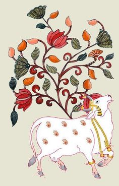 a drawing of a cow with flowers and leaves on it's head, standing next to a tree