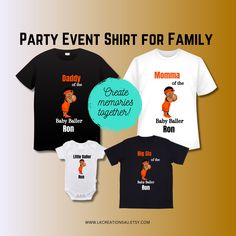 "Elevate your family event with our Custom Little Baller Family T-shirts. Personalized sports-themed apparel for family gatherings, reunions, baby showers and birthday celebrations. Color shirt available in white and black. How to order: 1. Select a baby image. 2. Select shirt size and color 3.  In the \"Personalization box\", fill in the blank.      of the Baby Baller  (baby's name) or  Baby Baller name) In addition, here is an idea of my fulfillment process if shirt sizes are all available in White T-shirt For Father's Day Family Events, Customizable T-shirt For Family Events On Father's Day, Father's Day Customizable T-shirt For Family Events, White Family Matching T-shirt With Team Name, Customizable Team Spirit T-shirt For Birthdays, Customizable Team Spirit T-shirt For Birthday, Baby Image, Baby Shower Shirts, Sports Baby Shower