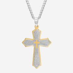 Made of high-quality stainless steel, this pendant features a classic cross design with a two-tone finish that adds depth and texture to the design. The Lord's Prayer is on the front of the cross, making it a special and meaningful piece of jewelry. The two-tone finish creates a striking contrast that makes the cross stand out and adds a touch of elegance and sophistication to the design.Features: Religious Jewelry, Quick ShipJewelry Closure: Lobster ClaspLink Construction: SolidShape: CrossMeta Engraved Stainless Steel Cross Necklaces, White Stainless Steel Chain Necklace, Engraved Stainless Steel Cross Pendant Necklace, White Cross-shaped Chain Jewelry, White Cross Chain Jewelry, White Stainless Steel Pendant Necklace, Cross Shape Charm Necklace As A Gift, Cross Shape Charm Necklace With Chain As A Gift, Cross Charm Necklace For Gifts