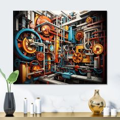 an abstract painting on the wall of a room with pipes and valves in orange, yellow and blue colors