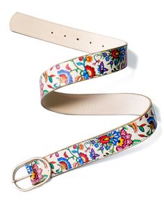 A vibrant and colorful floral print decorates this leather belt, finished with a sleek oval buckle. 1.5" Width Genuine Leather Made in the USA Spring Leather Belt With Buckle Closure, Multicolor Adjustable Belt For Spring, Adjustable Multicolor Belts For Spring, Adjustable Multicolor Belt For Spring, Elegant Belt With Buckle Closure For Spring, Elegant Spring Belt With Buckle Closure, Adjustable Spring Belt With Buckle, Bohemian Multicolor Belts For Spring, Multicolor Embroidered Leather Belt