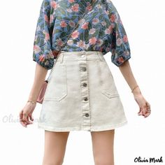 Olivia Mark - Denim Mini Skirt with High Waist and Anti-Slip Design Distressed Leather, Denim Mini, Denim Mini Skirt, Types Of Skirts, Vintage Brown, Olivia Mark, A Line Skirt, A Line Skirts, Leather Skirt