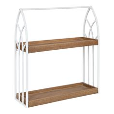 a white metal and wood shelf with two shelves on each side, against a white background