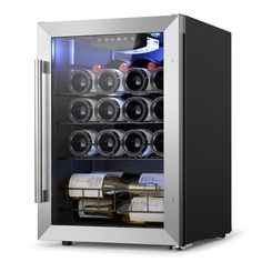 the wine cooler is full of many bottles