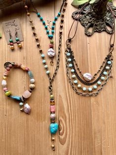 Earthy Brights Short Straight Across Necklace – Artistic Works By Lu Bright Pink Necklace, Turquoise Rosary, Blue Rosary, Gold Rosary, Double Necklace, Jewelry Styles, Beaded Jewels, Beautiful Stones, Necklace Antique