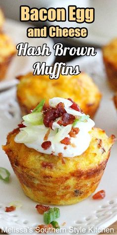 bacon egg and cheese hash browns muffins on a white plate with text overlay