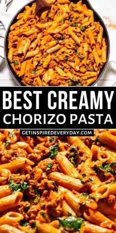 the best creamy cheesy pasta is in a skillet and ready to be eaten