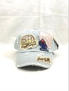 Distressed Baseball Cap, Embroidery Vintage, Denim Hat, Hat Baseball, Happy Camper, Light Blue Denim, Wild And Free, Happy Campers, Baseball Cap