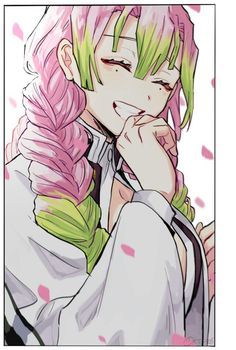 an anime character with pink hair and green eyes is looking at the camera while holding his hand to his chin