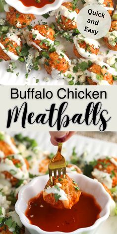 buffalo chicken meatballs on a fork in a white bowl with sauce and parsley