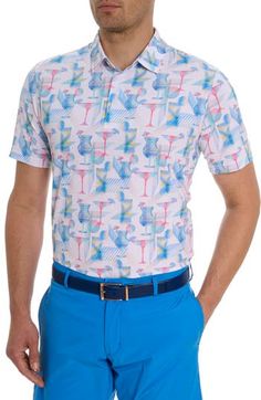 A plethora of cocktails builds anticipation for the 19th hole in this stretchy, trim-fitting polo. Button half placket Spread collar Short sleeves Moisture-wicking fabric engineered for dryness and comfort 92% polyester, 8% spandex Machine wash, line dry Imported Spring Golf Polo Shirt With Short Sleeves, Spring Short Sleeve Golf Polo Shirt, Short Sleeve Polo Shirt For Summer Golf, Summer Short Sleeve Polo Shirt For Golf, Fitted Collared Golf Polo Shirt, Fitted Collared Polo Shirt For Golf, Fitted Polo Shirt For Golf, Fitted Multicolor Polo Shirt, 4-way Stretch Short Sleeve Polo Shirt For Summer