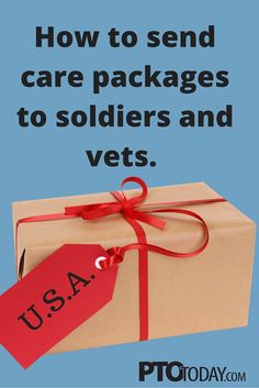 a package with a red tag on it and the words, how to send care packages to soldiers and vets