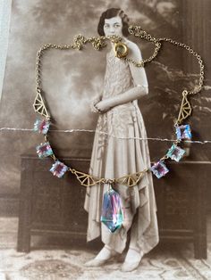 Pretty vintage lavaliere necklace from the Art Deco period 1928-1932 when Iris glass was made using crystal and adding colour to imitate a rainbow in an example here so very typical of the Art Deco period with pendant fringing between crystal rhinestones set in cases all set on a pretty gold tone chain with complimenting spacers.  Measures 41 cm all round with an additional drop for centre pendant of nearly 6 cm with original clasp.  Please note all boxes and decorations are for display only and Rainbow Crystal, Summer Necklace, Art Deco Period, Wedding Jewellery Necklace, Wedding Necklace, Vintage Art Deco, Bead Necklace, Crystal Pendant, Crystal Rhinestone