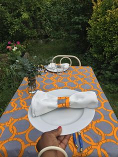 a person holding a plate with a bow tie on it at an outdoor table setting