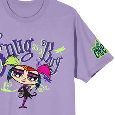 Crawl into comfort with this Growing Up Creepie tee. The shirt features an image of Creepie standing under purple letters that read, "Snug as a Bug," while a green bug appears on the left sleeve. The tee comes in a purple haze short sleeve crew neck. Fans of the Growing Up Creepie animated series will love this comfy cotton t-shirt. Growing Up Creepie, Maximalist Bathroom Decor, Maximalist Bathroom, Purple Letters, Green Bug, A Bug, Cotton T Shirt, Growing Up, Bathroom Decor