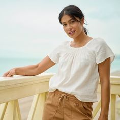 Performance Linen Smocked Square-Neck Top | Orvis Stretch Top With Elastic Short Sleeves, Stretch Elastic Sleeved Short Sleeve Tops, Stretch Short Sleeve Tops With Elastic Sleeves, Relaxed Fit Tops With Smocked Cuffs For Daywear, Casual Relaxed Fit Blouse For Vacation, Casual Relaxed Fit Vacation Blouse, Relaxed Fit Blouse With Smocked Bodice And Short Sleeves, Relaxed Fit Short Sleeve Smocked Top, Relaxed Fit Smocked Top For Daywear