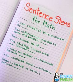 a notebook with some writing on it and the words sentence stems for math written in red