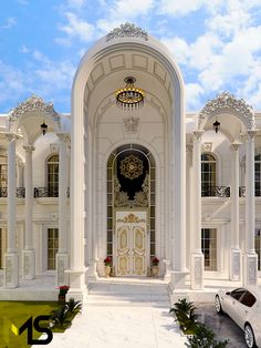 a car is parked in front of a large white building with ornate columns and doors