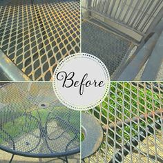 before and after photos of an old metal bench with grass growing in it, including the bottom part of the chair