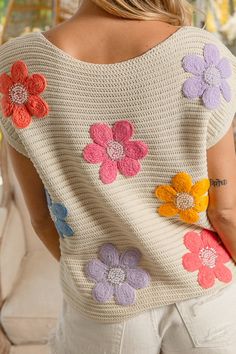 Details Brand: BiBi Knitted Sweater Vest Solid Color Multi Jeweled Crochet Flower Patches Round Neckline Sleeveless Unlined Material 100% Cotton Care Instructions Hand Wash Cold, Lay Flat to Dry, Iron if Needed Measurements of Garment Bust of the garment is measured armpit to armpit and then doubled. Length of the garment is measured from the top of the shoulder to the bottom of the hem line. Sleeve Length of the garment is measured from the top part of the shoulder seam to sleeve opening. Waist Crochet Knit Sweater Vest For Spring, Cute Crochet Sweater For Spring, Hand Knitted Beige Sweater For Spring, Hand-knitted Beige Sweater For Spring, Beige Hand Knitted Sweater For Spring, White Hand Knitted Crochet Top For Spring, Spring Crochet Sweater Vest, Beige Crochet Lace Sweater For Spring, Beige Crochet Cotton Sweater