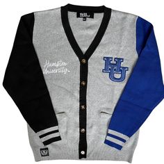 Make a bold statement and wear your Hampton pride with this one-of-a-kind and comfortable cardigan sweater, perfect for any alumni, students or supporters. Made with the highest quality materials, this sweater is designed to keep you warm and cozy while representing Hampton. Features: - Official Hampton University logo embroidered on the chest - Large "HU" Logo Chenille patch - Classic cardigan design with a tortoise shell button-up front - Two front pockets (deep enough to fit a phone and other essentials) - Soft and durable fabric for long-lasting comfort - Available in a range of sizes to fit everyone - Versatile and fashionable, perfect for both casual and formal occasions Discover More Officially licensed Hampton University Apparel Celebrating Black excellence. Building legacy. Join t Casual Cardigan With Ribbed Cuffs For College, Collegiate Cotton Long Sleeve Cardigan, Collegiate Long Sleeve Cotton Cardigan, Casual Winter Cardigan For College, Collegiate Long Sleeve Cardigan For College, Long Sleeve Collegiate Cardigan For College, Winter College Cardigan, Winter Cardigan For College, Sporty Winter School Sweater