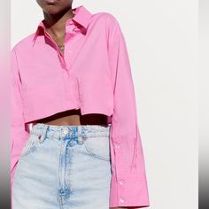 Sold Out Fav Color: Pink Long Sleeve Poplin Tops For Summer, Spring Relaxed Fit Poplin Shirt, Chic Collared Cropped Shirt For Spring, Trendy Zara Cotton Shirt, Spring Collared Poplin Top, Spring Poplin Tops With Relaxed Fit, Trendy Collared Cropped Shirt For Spring, Trendy Zara Shirt In Relaxed Fit, Spring Cropped Trendy Shirt