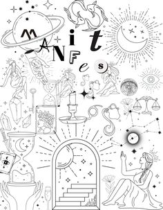 zodiac signs and astro symbols are depicted in this black and white illustration, which includes the sun, moon, stars, planets, and more