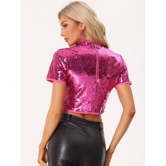 This cropped top features beautiful shining sequins that will shine when you are at the party and they can create a beautiful sparkle in the stage lights of dance and chorus performances. Occasion: Perfect for Party/Dating/Dancing/Clubwear/Evening party/Club/Attend/Cockta. This style of shirt is very dazzling, whether it is walking in the street under the sun, or sitting under the neon lights can reflect a different charm. Glamorous Club Tops With Shimmer, Glamorous Shimmer Tops For Club, Red Fitted T-shirt For Party, Disco Shimmer Tops For Club, Shimmer Tops For Club And Party Season, Glamorous Sequined Crop Top For Club, Summer Party T-shirt With Glitter Print, Pink Cropped Top For Night Out, Party Crop Top T-shirt