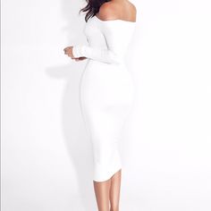 Stretch Fabric, Hugs All Your Curves. Double Layered Material White Off-shoulder Midi Dress For Night Out, White Feminine Bodycon Dress For Brunch, White Bodycon Midi Dress For Brunch, Feminine White Midi Length Bodycon Dress, White Feminine Midi-length Bodycon Dress, Feminine White Midi Bodycon Dress, White Off-shoulder Bodycon Dress For Spring, Jersey Dress, Double Layer