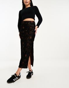 Skirt by Free People Lower-half looks High rise Elasticated waist Side split Regular fit Velvet Burnout, Drop Top, Side Split, Women Skirts Midi, Trending Now, Sliders, Party Outfit, Black Fashion, Access Denied