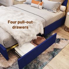 a bed with four pull out drawers underneath it