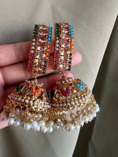 Oversized Jhumka in multi, Oversized mirror work jhumka Weddings Vibes, Desi Things, Jhumka Designs, Bridal Necklace Designs, Indian Jewelry Earrings, Multicolor Jewelry, Fancy Jewellery Designs, Indian Jewellery Design Earrings, Jhumki Earrings