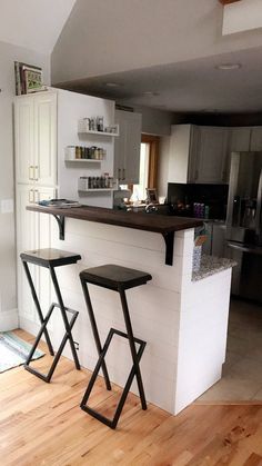 two stools are sitting in front of the bar