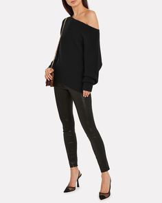 Jacqueline Off-The-Shoulder Sweater Relaxed New Years Eve Outfits Casual, New Years Eve Outfits Casual, Genderqueer Fashion, Pu Leggings, Fall Fashion Skirts, Look Legging, Wet Look Leggings, Shiny Leggings, New Years Eve Outfits