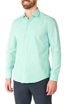 Lightweight and comfortable, this mint-green shirt knows how to make an impression and looks great whether you wear it tucked or untucked. 27 1/2" length; 43" chest (size Medium) Spread collar Long sleeves 100% polyester Machine wash, line dry Imported Mint Green Shirts, Unisex Onesies, Party Suits, Green Shirt, Dress With Cardigan, Boys Shirts, Chest Size, Summer Shirts