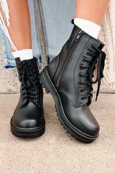 Color: Black PU Faux Leather Uppers Lace-Up Detail Side Zipper Closure Lug Sole Runs True To Size Launched: 9/16/24 Combat Boots Women, Combat Boots Black, Leather Combat Boots, Womens Combat Boots, Black Combat Boots, Boots Women, Lug Sole, Boots Black, Side Zipper