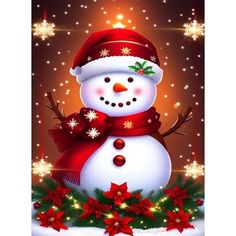 a snowman wearing a red hat and scarf with poinsettis around it