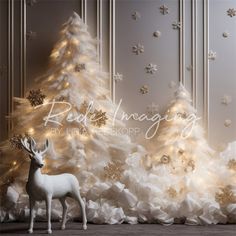 a white deer standing in front of a christmas tree