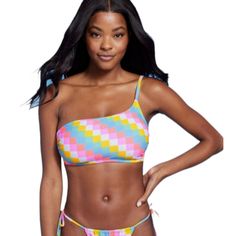 Xhilaration Junior's Size Medium Multicolor One Shoulder 2 Piece Bikini Swimwear Swimsuit. This One-Shoulder Bikini Swimsuit From Xhilaration Brings A Quick, Stylish Refresh To Your Swimwear Closet. This Bikini Swimsuit Features A Bright, Multicolored Grid Print For Fun, Summery Style. The Single Shoulder Strap Offers An On-Trend Look, And It's Designed With A Back Hook-And-Loop Fastener For Easy On/Off Plus, Removable Cups Provide You With Customizable Coverage. Cheeky. New With Tags. Never Wor Playful Yellow Swimwear For Swimming, Playful Yellow Swimwear For Sunbathing, Playful Yellow Swimwear For Beach Season, Fun Yellow Swimwear For Pool, Playful Yellow Swimwear For Vacation, Junior Swimsuits, Beach Lounge, Grid Print, Cheeky Bikinis