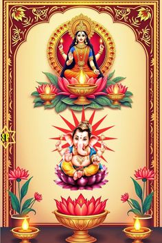 an image of lord ganesha with flowers and candles