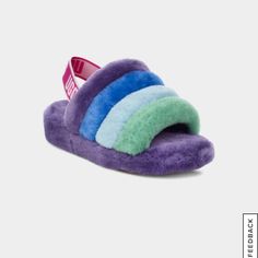 Our Favorite Style Of The Season, The Fluff Yeah Is As Good As It Sounds. Combining Slipper And Sandal Into A Single Statement Shoe, Soft Sheepskin Pairs With A Lightweight Platform To Keep Things Airy. In Honor Of Pride, We Updated This Slide In Two Exclusive Colorways That Together Make A Rainbow. 10mm Sheepskin Upper Elastic Strap With Ugg Graphic 10mm Sheepskin Lining, 10mm Sheepskin Shaft Lining Sheepskin-Wrapped Midsole Molded Rubber Outsole Rn 88276 Ugg Ugg, Fluff Yeah Slide, Ugg Slides, Ugg Sandals, Purple Sandals, Shoes Ugg, Shearling Slippers, Sheepskin Slippers, Ugg Slippers