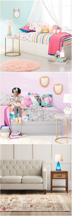 three different images of the same room with pink and blue walls, white furniture, and rugs