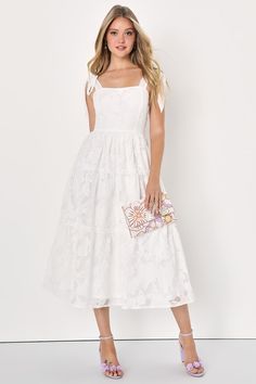 White Floral Dress - Tiered Tie-Strap Dress - Floral Midi Dress - Lulus White Dress Mid Length, White Tea Dress, White Tiered Skirt Sundress Midi Dress, White Tie-back Midi Dress For Garden Party, Feminine White Midi Length Tiered Dress, White Flowy Tiered Midi Dress, Graduation Ceremony Dress, Engagement Photos White Dress, White Dress Midi