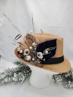 Winter's Delight Fedora featuring icy whites, blues & champagne velvety leaves  & frosted berries with Rhinestone button accents. Fedora Hat Accessories, Occasion Hats, Rancher Hat, Christmas Hat, Fedora, Caps Hats, Accessories Hats, Hats, Etsy Uk