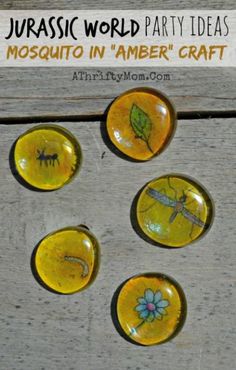 four yellow glass magnets sitting on top of a wooden table next to a sign