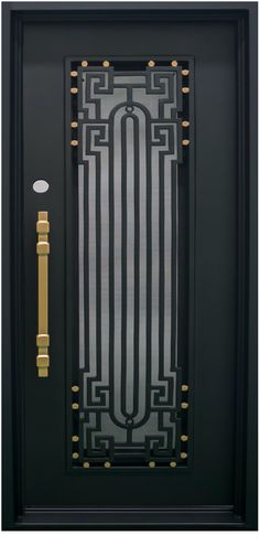 a black and gold door with an ornate design on the front panel, sidelight and handle