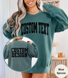 Add a personal piece to your wardrobe with your own custom text Comfort Colors crewneck sweatshirt. Add your personalized text, design, logo! A perfect and simple gift for him and her. ⭐ ✦ KEY FEATURES Comfort Colors 1566  UNISEX (NOT WOMEN'S SIZE) relaxed fit, medium-heavy fabric sweatshirt. Made from 80% ring-spun cotton, 20% polyester. For an oversized look, please go up 2 or 3x your normal size according to your needs. ✦ SIZING Please refer to the sizing chart in the pictures above to find your perfect fit.   ✦ RETURNS AND EXCHANGES Not accepted. All sales are final due to customization of product. If anything is wrong with your item, please send me a photo and I will be happy to make it right :).  ✦ CHANGES TO YOUR ALREADY SUBMITTED ORDER You may message me directly if you would like Customizable Casual Crew T-shirt, Customizable Crew Neck Sublimation T-shirt With Graphic Print, Customizable Crew Neck Sublimation Design With Graphic Print, Fan Apparel Sweater With Letter Print, Green Cotton Sweatshirt With Custom Print, Casual Green Sweatshirt With Custom Print, Fan Apparel Long Sleeve Sweatshirt With Custom Print, Long Sleeve Sweatshirt With Custom Print For Fans, Customizable Sporty Crew Neck Hoodie