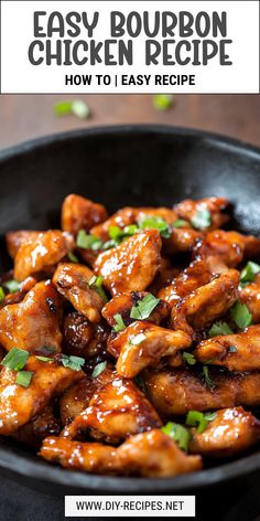 chicken wings in a skillet with text overlay that reads easy bourbon chicken recipe