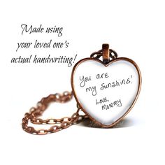 Elevate your jewelry game with our Custom Loved Ones Handwriting Necklace or Key Chain. keep your special someone close to your heart with a signature or personalized handwriting piece. Perfect for honoring the bond between a child and parent, or a loved one who has passed. Handcrafted with precision and care. Your loved ones own handwriting captured in a glass domed Heart Pendant.  Available in Antique Copper, Gunmetal or Bright Silver finish.  You can also choose to have this as necklace or key chain. A perfect way to capture the exact handwriting, drawing or doodle from your loved one!  This custom necklace (or key chain) can be for Mother's Day, Father's Day, Grandparent's, Weddings, Graduations or simply to carry your loved one's special message or signature with you wherever you go. Inspirational Customizable Jewelry For Gifts, Inspirational Heart-shaped Personalized Gift Jewelry, Inspirational Heart-shaped Personalized Jewelry, Inspirational Name Jewelry For Valentine's Day, Meaningful Customizable Charm Necklace, Inspirational Jewelry For Valentine's Day, Valentine's Day Personalized Jewelry With Custom Text, Customizable Nameplate Heart Necklace For Gift, Customizable Nameplate Heart Necklace Gift