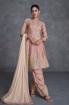 Oyster Pink Designer Embroidered Organza Silk Anarkali Salwar Suit-Saira's Boutique Long Sleeve Salwar Kameez With Dori Work For Reception, Festive Unstitched Suit With Dori Work For Reception, Unstitched Suit With Dori Work For Eid Reception, Semi-stitched Salwar Kameez For Reception With Traditional Drape, Festive Long Sleeve Salwar Kameez With Dori Work, Georgette Churidar With Dori Work And Long Sleeves, Long Sleeve Georgette Churidar With Dori Work, Pink Long Sleeve Churidar With Dori Work, Long Sleeve Art Silk Salwar Kameez For Reception